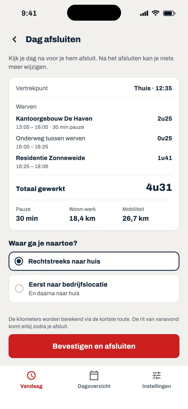 Scherm ‘Dag afsluiten’ met het overzicht van de dag en de keuze naar huis of eerst naar een bedrijfslocatie