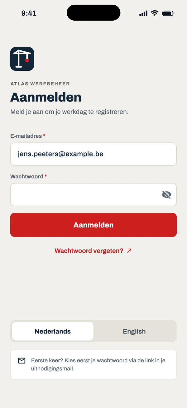 Aanmeldscherm van Atlas Werfbeheer met e-mailadres en wachtwoord